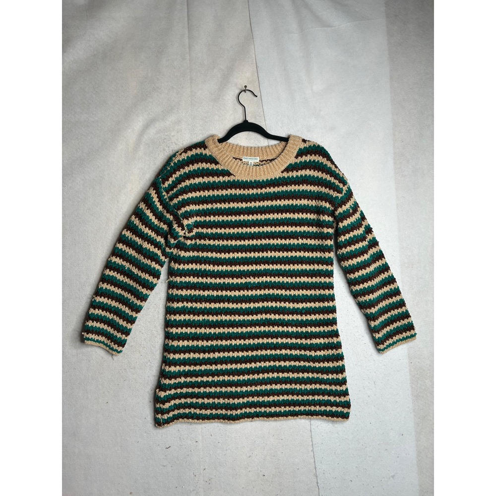 Earthbound Trading Co Chenille Striped Sweater Womens Medium Teal Brown Tan Knit